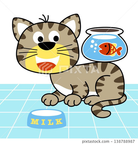 little cat with fish in jar, vector cartoon illustration little cat with fish in jar, vector cartoon illustration 138788987