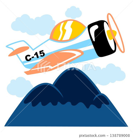 Airplane flying across over the mountains, vector cartoon illustration 138789008