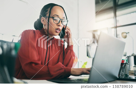 Phone call, laptop and business woman in office for planning, schedule and planning. Calendar, networking and administration with female employee in agency for communication, technology or connection 138789010