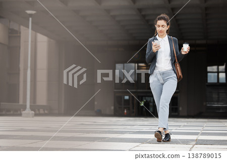 Travel, phone and business woman in city walking with coffee for morning commute, journey and trip. Professional, corporate and female person on smartphone for career, work and job in urban town Travel, phone and business woman in city walking with coffee for morning commute, journey and trip. Professional, corporate and female person on smartphone for career, work and job in urban town 138789015
