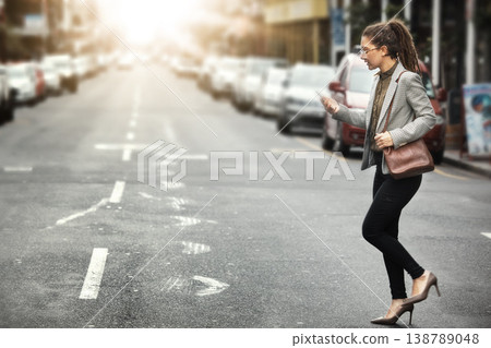 Phone, walking and business woman in city for social media, email and mockup space at sunset commute. Mobile, consultant and professional in street on smartphone for networking, travel and lens flare Phone, walking and business woman in city for social media, email and mockup space at sunset commute. Mobile, consultant and professional in street on smartphone for networking, travel and lens flare 138789048