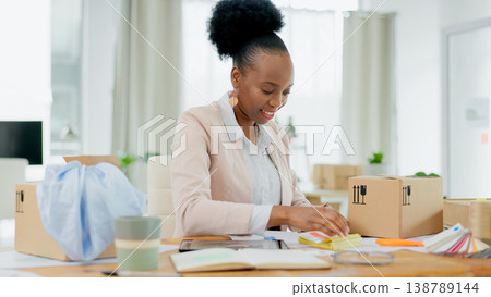 Happy black woman, fashion designer and box in small business planning or logistics at boutique store. African female person smile for clothing package, parcel or cargo in delivery or courier service 138789144