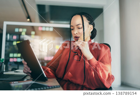 Thinking, tablet and business woman reading, planning and analysis of social media review, online design and customer experience. Report, problem solving or professional person doubt development plan Thinking, tablet and business woman reading, planning and analysis of social media review, online design and customer experience. Report, problem solving or professional person doubt development plan 138789154