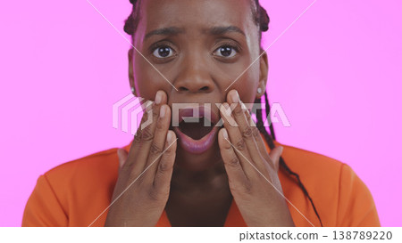 Face, woman and shocked for bad news in studio on pink background with mockup for mistake, fear or worry. Black person, female model and upset for announcement with hands, wow or stress in portrait Face, woman and shocked for bad news in studio on pink background with mockup for mistake, fear or worry. Black person, female model and upset for announcement with hands, wow or stress in portrait 138789220