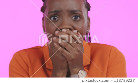 Woman, portrait and anxiety in studio for shock, surprise and scared of fear on pink background. Face of african model cover mouth for drama, alarm and emoji of gossip, secret news and omg reaction Woman, portrait and anxiety in studio for shock, surprise and scared of fear on pink background. Face of african model cover mouth for drama, alarm and emoji of gossip, secret news and omg reaction 138789227