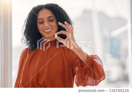 Woman, hands and tablet pill in office for healthcare, medical supplements and vitamins for wellness. Happy female worker show pharmaceutical drugs, medicine and treatment to help cure sick symptoms Woman, hands and tablet pill in office for healthcare, medical supplements and vitamins for wellness. Happy female worker show pharmaceutical drugs, medicine and treatment to help cure sick symptoms 138789228