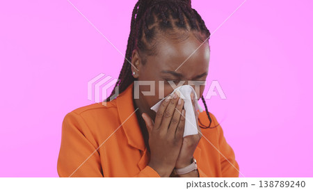 Black woman, blowing nose and sick with allergies, sneezing and sinus infection with health on pink background. Hay fever, wellness and toilet paper, medical condition with illness or virus in studio 138789240