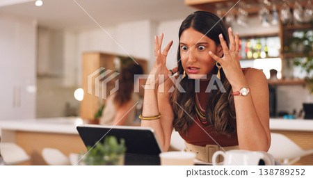 Woman, angry and stress with laptop in coffee shop with remote work for copywriting, glitch and error. Computer, person and cafe with mistake, virus or 404 for freelance content creation on website Woman, angry and stress with laptop in coffee shop with remote work for copywriting, glitch and error. Computer, person and cafe with mistake, virus or 404 for freelance content creation on website 138789252
