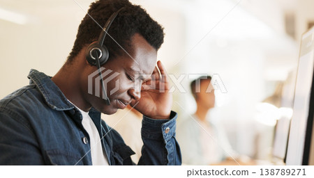 African call center man, headache and office for stress, pain or fatigue with fail in telemarketing job. CRM, agent or consultant with burnout, tired or mental health by computer for customer service African call center man, headache and office for stress, pain or fatigue with fail in telemarketing job. CRM, agent or consultant with burnout, tired or mental health by computer for customer service 138789271