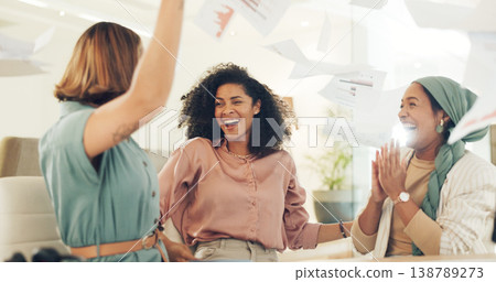 Meeting, celebration and paper in air with women success in business office with applause and motivation from deal. Happy, excited and group with company growth, target goal and document confetti Meeting, celebration and paper in air with women success in business office with applause and motivation from deal. Happy, excited and group with company growth, target goal and document confetti 138789273