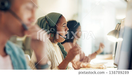 Call center woman, yawn and tired at computer, office or fatigue with team, customer service pr telemarketing. Muslim crm, burnout and overtime with tech support, help desk or consulting in workplace Call center woman, yawn and tired at computer, office or fatigue with team, customer service pr telemarketing. Muslim crm, burnout and overtime with tech support, help desk or consulting in workplace 138789289