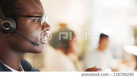 Call center, consulting and space with black man in office for contact us, communication and customer service. Salesman, help desk and technical support with person in crm agency for agent mockup Call center, consulting and space with black man in office for contact us, communication and customer service. Salesman, help desk and technical support with person in crm agency for agent mockup 138789290