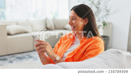 Woman, relax on couch with smartphone and funny meme online with social media, communication and app at home. Comedy on the internet, laughing at chat and scroll website, reading blog and watch video Woman, relax on couch with smartphone and funny meme online with social media, communication and app at home. Comedy on the internet, laughing at chat and scroll website, reading blog and watch video 138789309