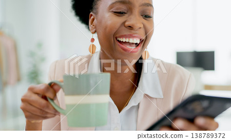 Laugh, happy and black woman with phone in office for social media, text or meme on coffee break. Smartphone, comic or African lady entrepreneur with tea online with funny, chat or gif communication 138789372