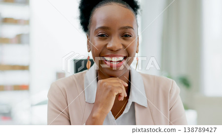 Portrait, business and black woman with smile for entrepreneur, confidence and positive mindset. Professional, face or happy person for startup, creative career and management in work office or job 138789427