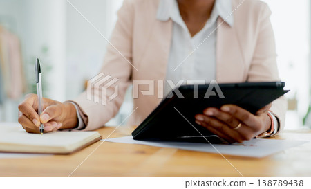 Worker, hands writing or tablet for notes in office for networking, website or project research. Email, book closeup or woman with schedule info for app or technology for diary or social media Worker, hands writing or tablet for notes in office for networking, website or project research. Email, book closeup or woman with schedule info for app or technology for diary or social media 138789438
