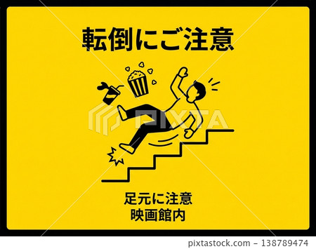 電影院安全標誌海報，防止跌倒：注意樓梯腳下，事故預防意識標誌，黃色背景材料，插圖。 138789474