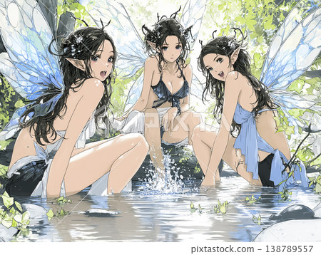Illustration of three pixies enjoying playing in the river. 138789557