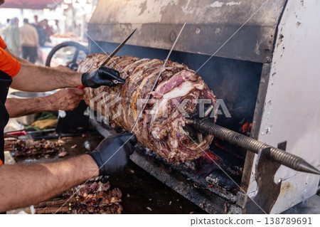 Traditional Erzurum Cag Kebab Cooking on Horizontal Rotisserie Grill Traditional Erzurum Cag Kebab Cooking on Horizontal Rotisserie Grill 138789691