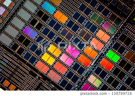 Silicon semiconductor wafer with integrated circuit die mosaic pattern. Silicon semiconductor wafer with integrated circuit die mosaic pattern. 138789728