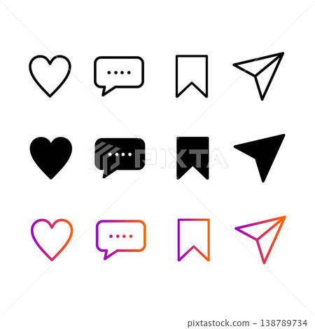Set of icons like comment, share, save, like media button. Outline icon heart arrow direct message interface Set of icons like comment, share, save, like media button. Outline icon heart arrow direct message interface 138789734
