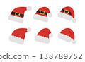 Set of red Christmas Santa Claus hats with fur, pompom and buckle. Festive headwear collection. Xmas party head accessories. Vector flat illustration isolated on white background 138789752