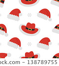Seamless pattern with Santa hats and snowflakes on white background. Festive Christmas design with different red Santa caps. Vector flat illustration for wallpaper, textile, packaging 138789755