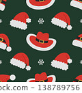 Seamless pattern with Santa hats and snowflakes on dark green background. Festive Christmas design with different red Santa caps. Vector flat illustration for wallpaper, textile, packaging 138789756