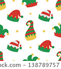 Seamless pattern with elf hats and stars on white background. Festive Christmas and winter holiday design in red, green and yellow color. Vector flat illustration for wallpaper, textile, packaging 138789757