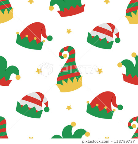 Seamless pattern with elf hats and stars on white background. Festive Christmas and winter holiday design in red, green and yellow color. Vector flat illustration for wallpaper, textile, packaging Seamless pattern with elf hats and stars on white background. Festive Christmas and winter holiday design in red, green and yellow color. Vector flat illustration for wallpaper, textile, packaging 138789757