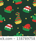 Seamless pattern with elf hats and stars on green background. Festive Christmas and winter holiday design in red, green and yellow color. Vector flat illustration for wallpaper, textile, packaging 138789758