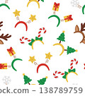 Seamless pattern with Christmas headbands on white background. Festive headwears with reindeer antlers, trees, candy canes and other. Vector flat illustration for wallpaper, textile, packaging 138789759