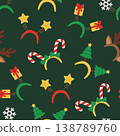 Seamless pattern with Christmas headbands on dark green background. Festive headwears with reindeer antlers, trees, candy canes and other. Vector flat illustration for wallpaper, textile, packaging 138789760