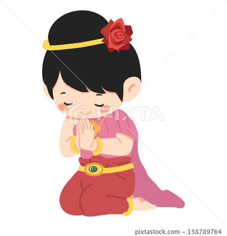 Thai Woman Greeting In Traditional Dress With Wai Gesture Thai Woman Greeting In Traditional Dress With Wai Gesture 138789764
