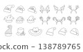 Christmas headwear coloring page. Outline set with santa hats, elf hats, headbands with reindeer antlers, christmas trees, stars, snowflakes and other decorations. Contour xmas party head accessories 138789765