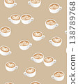 Latte art coffee cup seamless pattern with hearts and rosettes on a beige background 138789768