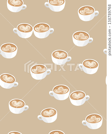 Latte art coffee cup seamless pattern with hearts and rosettes on a beige background Latte art coffee cup seamless pattern with hearts and rosettes on a beige background 138789768