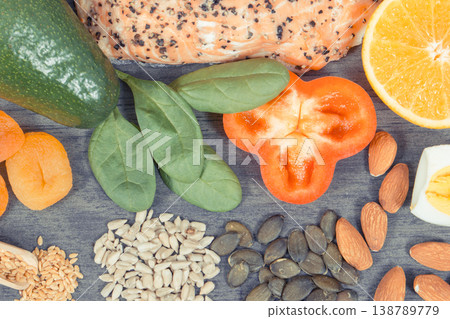Nutritious products and ingredients containing differents vitamins or minerals for healthy hair Nutritious products and ingredients containing differents vitamins or minerals for healthy hair 138789779