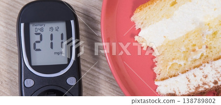 Glucose meter with very high result of sugar level and cake with layers and chocolate Glucose meter with very high result of sugar level and cake with layers and chocolate 138789802