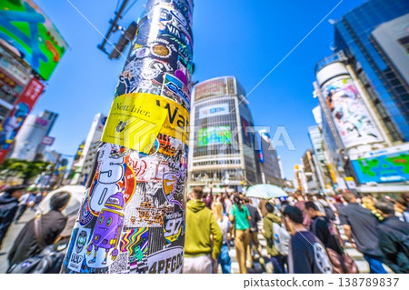 Tokyo cityscape, Japan, April 12th...Stickers again...Shibuya continues to see inbound tourists. Mostly foreign tourists. Tokyo cityscape, Japan, April 12th...Stickers again...Shibuya continues to see inbound tourists. Mostly foreign tourists. 138789837