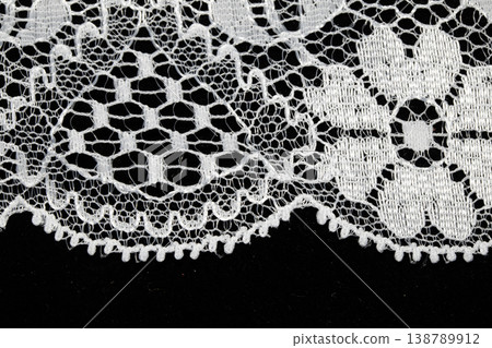 Close up of vintage lace fabric white on black background embroidery Close up of vintage lace fabric white on black background embroidery 138789912