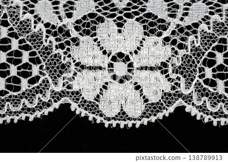 Close up of vintage lace fabric white on black background embroidery Close up of vintage lace fabric white on black background embroidery 138789913