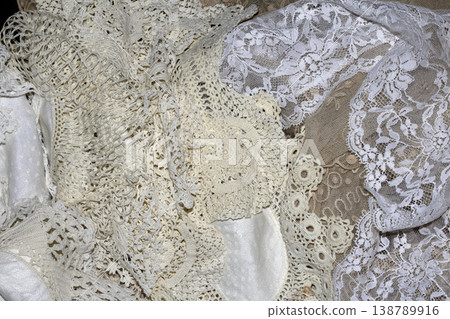 Close up of vintage lace fabric white on black background embroidery Close up of vintage lace fabric white on black background embroidery 138789916