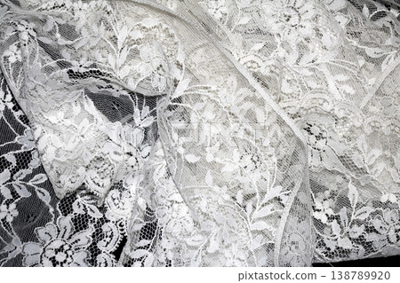 Close up of vintage lace fabric white on black background embroidery Close up of vintage lace fabric white on black background embroidery 138789920