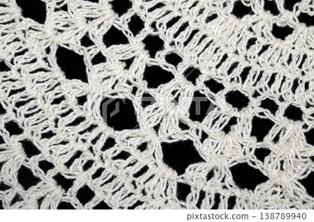 Close up of vintage lace fabric white on black background embroidery Close up of vintage lace fabric white on black background embroidery 138789940