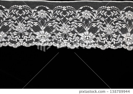 Close up of vintage lace fabric white on black background embroidery Close up of vintage lace fabric white on black background embroidery 138789944
