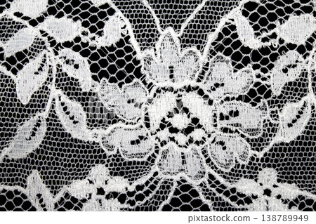 Close up of vintage lace fabric white on black background embroidery Close up of vintage lace fabric white on black background embroidery 138789949
