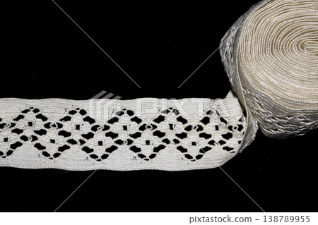Close up of vintage lace fabric white on black background embroidery Close up of vintage lace fabric white on black background embroidery 138789955