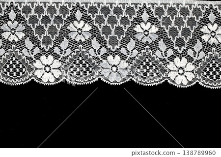 Close up of vintage lace fabric white on black background embroidery Close up of vintage lace fabric white on black background embroidery 138789960
