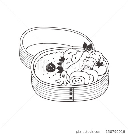 Monochrome illustration of a bento box. Simple design. Ingredients: fried chicken, fried shrimp, omelet. Lunch. Wappa bento. Monochrome illustration of a bento box. Simple design. Ingredients: fried chicken, fried shrimp, omelet. Lunch. Wappa bento. 138790016